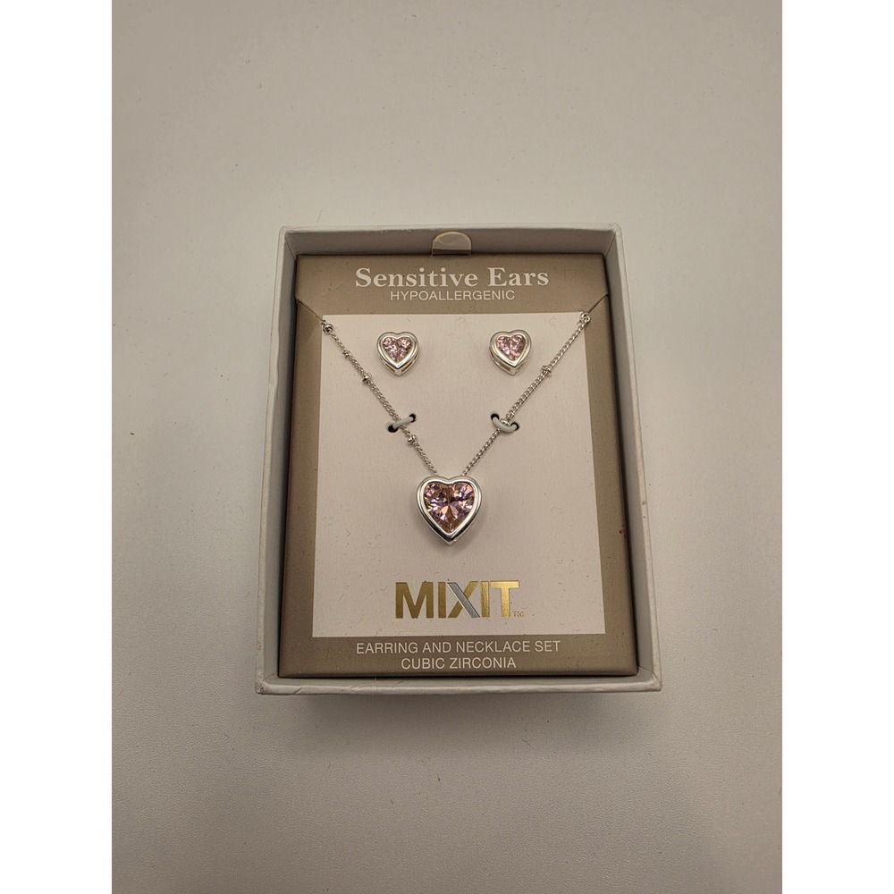 Mixit Pink Cubic Zirconia Heart Necklace and Earring Set Silver Tone Sensitive